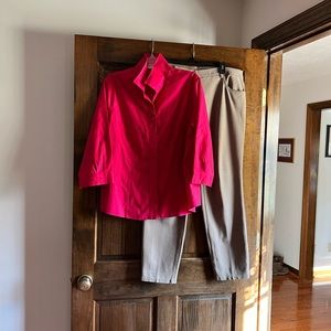 Chico's No Iron Button Down Shirt and Tan So Slimming Pants both size 3(X-Large)